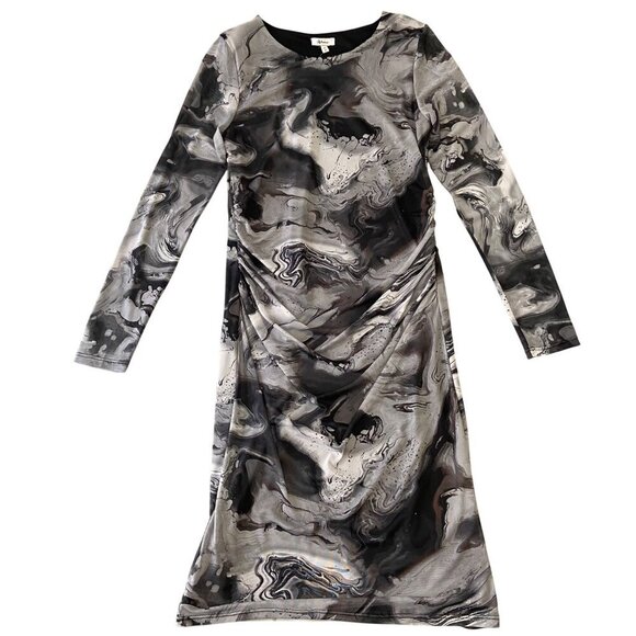 NWT Reitmans sheer Womens Long-Sleeve Ruched Bodycon Dress Black & Gray Marble M - Picture 2 of 13